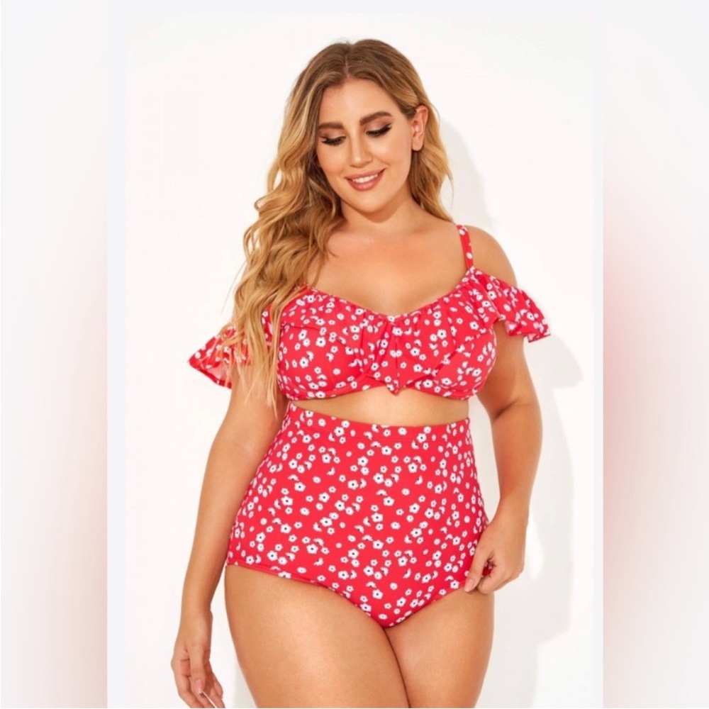 Meet Curve Red Floral Off The Shoulder High Waisted Bikini Set